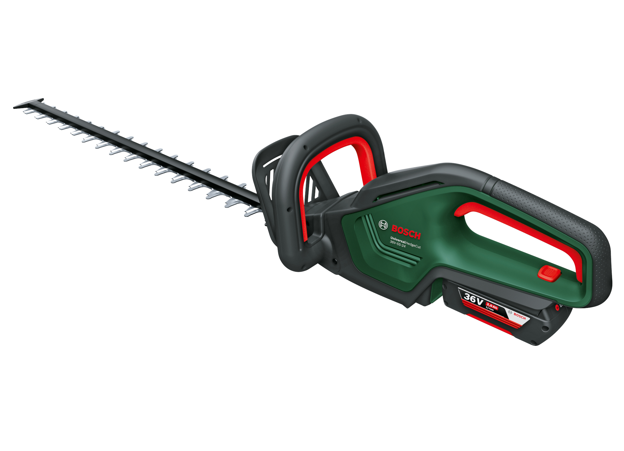 Effortless pruning of thick hedges and bushes:  Cordless hedge trimmer UniversalHedgeCut 36V-55-24 from Bosch